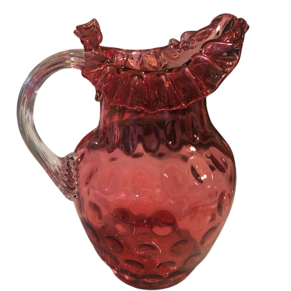 Vintage Fenton Pitcher Ruffled Crimped  Rim Coin Dot Optic Cranberry Hand Blown